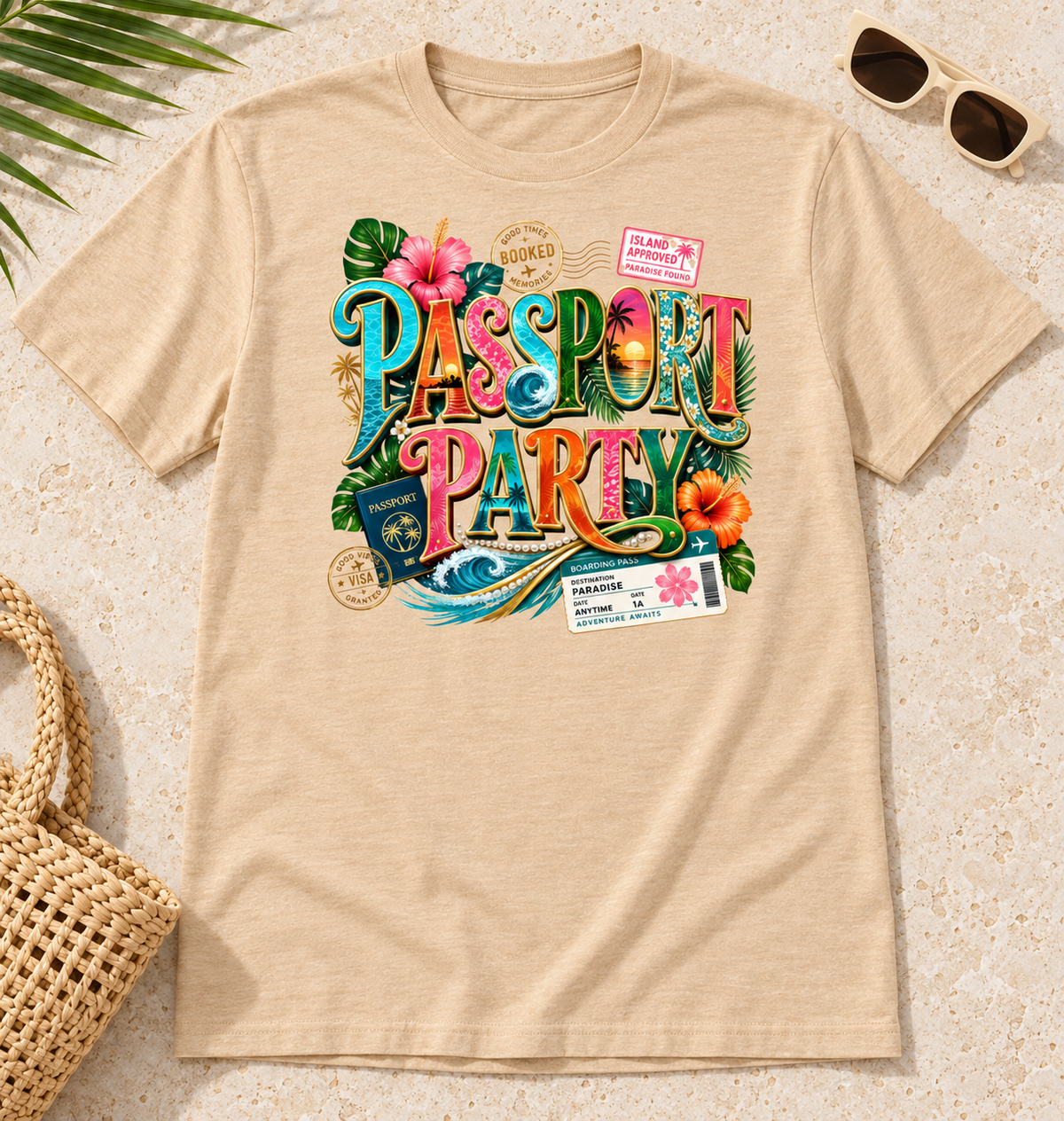 Tropical Passport Party Heather Sand Dune, styled flat lay