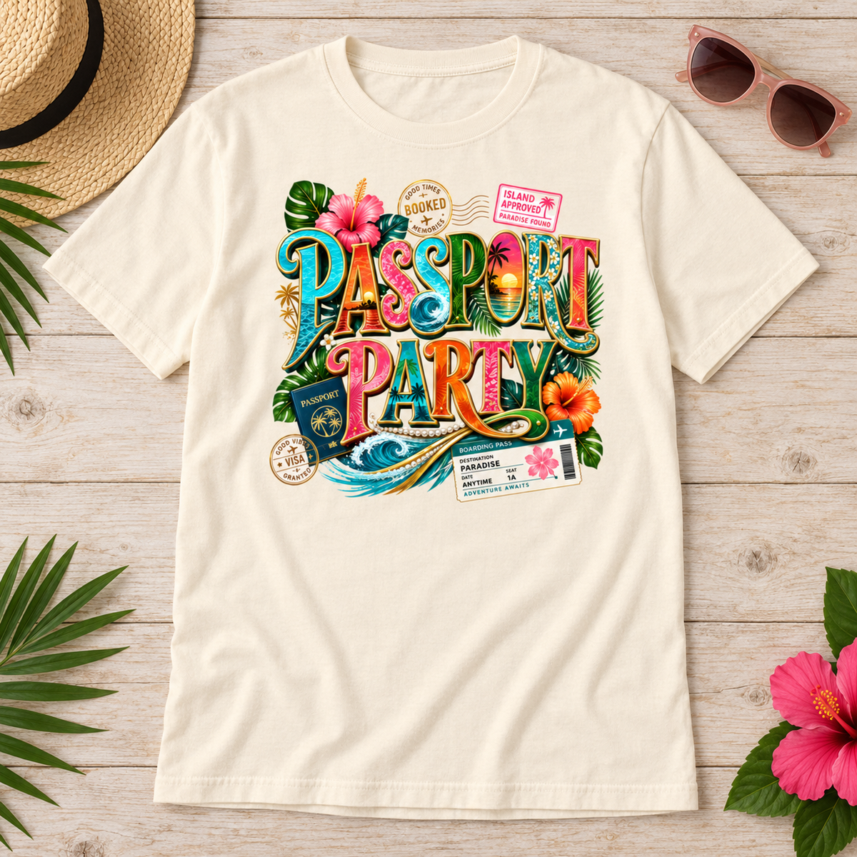 Tropical Passport Party Natural, styled flat lay