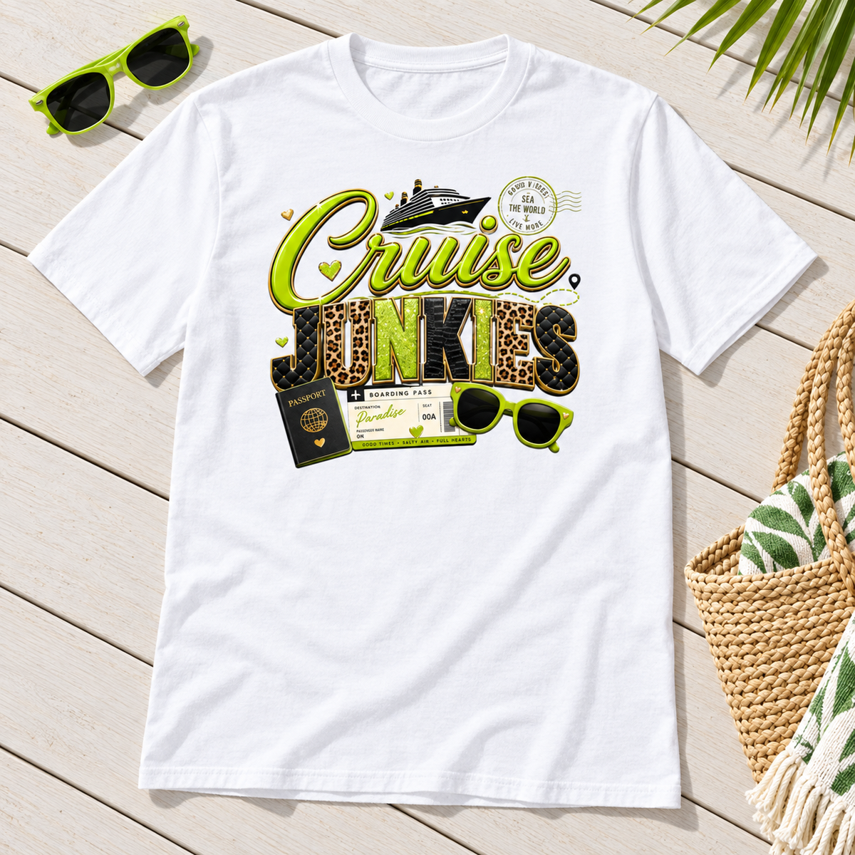 Lime Green Leopard Cruise Junkies White tee styled flat lay