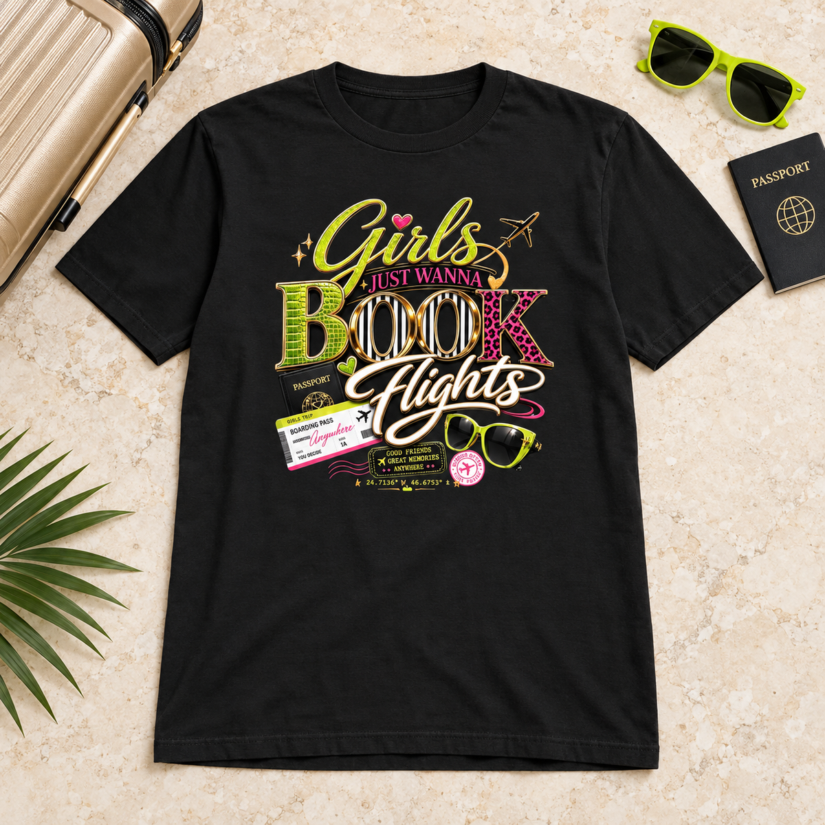 Vacation tee Vintage Black, styled flat lay